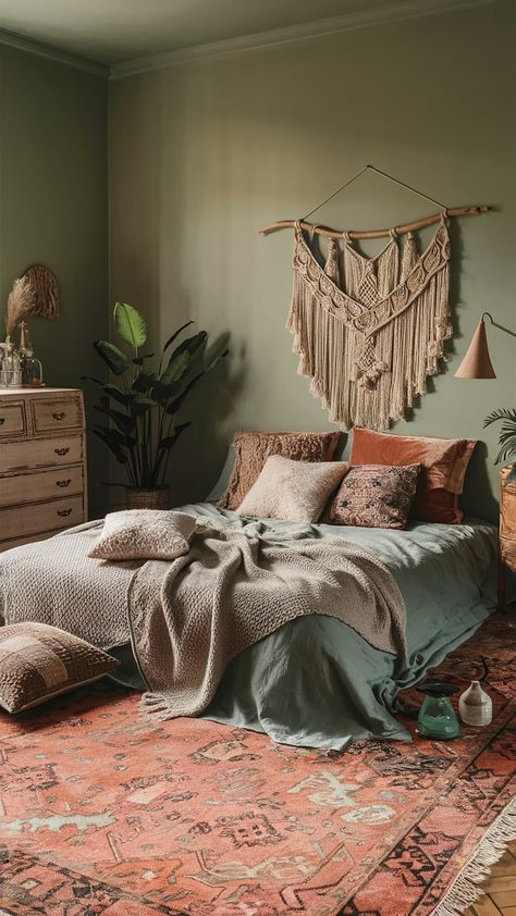 "Boho bedroom with sage green walls and earthy tones like terracotta, browns, and tans, creating a warm and cozy atmosphere." Boho Bedroom Terracotta, Dark Bohemian Bedroom, 2025 Prep, Sage Green Boho Bedroom, Bedroom Terracotta, Terracotta Accents, Spanish Bedroom, Green Boho Bedroom, Dark Bohemian