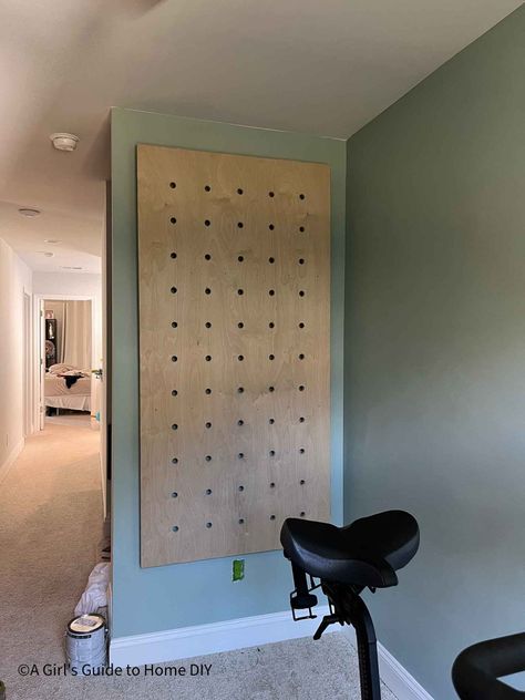 Oversized Pegboard Wall, Diy Giant Pegboard Wall, Exercise Pegboard, Diy Large Pegboard Wall, Diy Giant Pegboard, Peloton Pegboard, Large Pegboard Wall, Gym Pegboard Storage, Giant Pegboard Wall