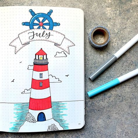 July Theme Bullet Journal, Bullet Journal July Theme, July Bullet Journal Calendar, July Journal Cover, July Calendar Ideas, July Bujo Theme, Bullet Journal July Cover, Bullet Journal Month Page, July Doodles