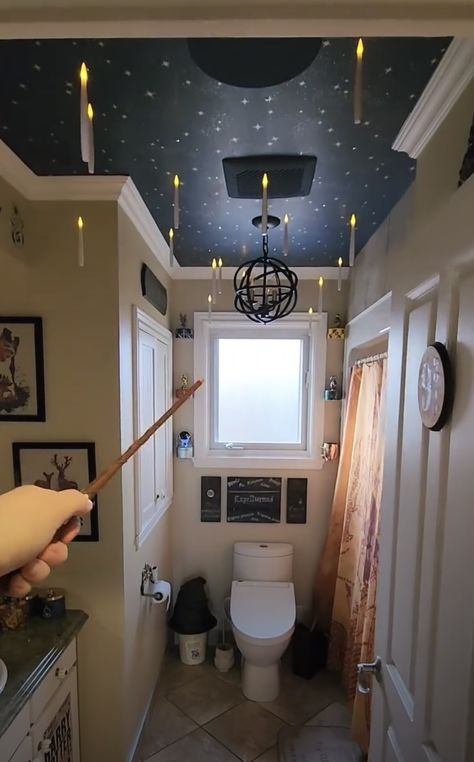 Harry Potter Restroom, Harry Potter Interior Design Inspiration, Harry Potter Toilet Ideas, Harry Potter Theme Bathroom, Harry Potter Inspired Bathroom, Harry Potter Airbnb, Wizard Bathroom, Nerdy Bathroom, Hogwarts Office