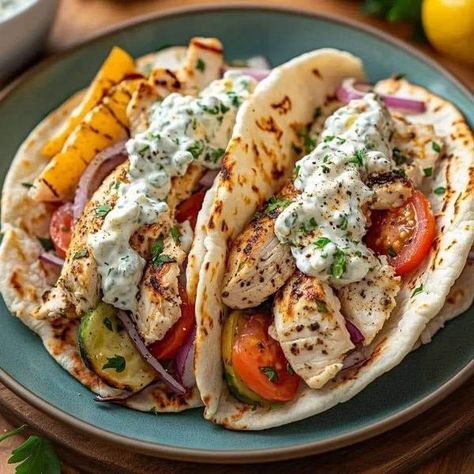 chef Moha recipes's lovers | Mediterranean Chicken Gyros with Creamy Feta Tzatziki 🥙🍗 | Facebook Feta Tzatziki, Recipes Mediterranean, Creamy Feta, Chicken Gyros, Mediterranean Chicken, Guy Fieri, Healthy Food Dishes, Healthy Food Motivation, Healthy Lifestyle Food