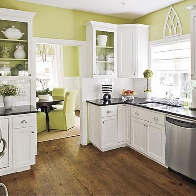 Green walls, white kitchen cabinets, Dark counters, stainless appliances. Green Kitchen Inspiration, Kitchen Green, Kitchen Paint Colors, Green Walls, Design Seeds, Kitchen Decorating, Kitchen Color, Kitchen Redo, Kitchen Paint