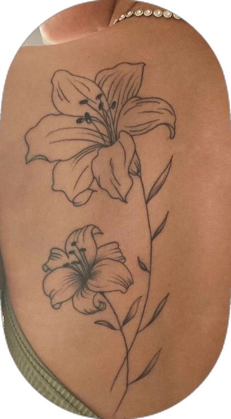 Flower Tattoos Hip Thigh, Side Stomach Flower Tattoo, Flower Torso Tattoo, Stomach Flower Tattoo, Hip Flower Tattoo, Tiger Lily Tattoo, Tiger Lily Tattoos, Lily Tattoos, Torso Tattoos