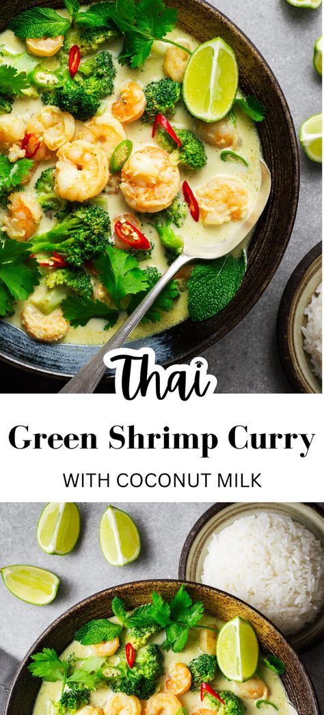 This easy Thai green curry shrimp with coconut milk is a delicious and creamy dish that takes just 20 minutes to make! Made with tender green veggies and juicy prawns, this vibrant curry is packed with spicy and aromatic flavours from green curry paste and coconut milk. Perfect for a quick and satisfying dinner, this shrimp curry recipe is a must-try for any lover of Thai food. You can also substitute chicken for shrimp and use red curry paste for a variation on this easy Thai favourite. Shrimp Green Curry Recipes, Green Curry Shrimp Coconut Milk, Vegan Green Curry Recipes, Thai Green Curry Shrimp, Green Curry Paste Recipe Dinners, Easy Green Curry Recipes, Green Curry Recipes Thai, Shrimp With Coconut Milk, Thai Green Curry Soup