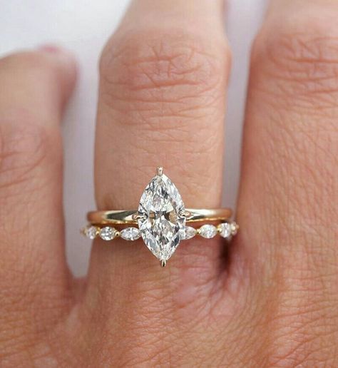 Engagement Ring Marquise With Band, Marquise Engagement Ring With Diamonds On Side, Single Prong Engagement Ring, Ring Settings For Marquise Diamond, Wedding Ring With Marquise Engagement, Solitaire Marquise Engagement Ring With Wedding Band, Marquise Engagement Ring With Marquise Side Stones, Simple Engagement Rings Marquise, Marque Wedding Rings