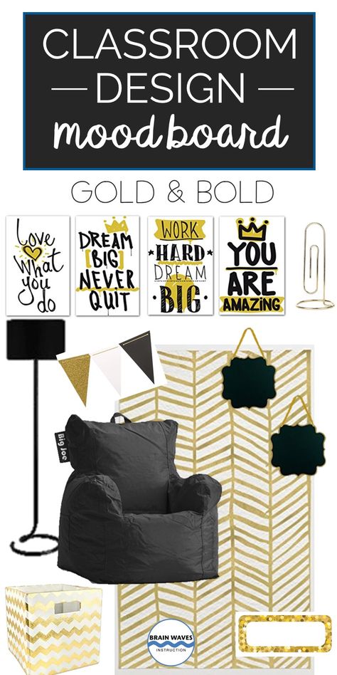 I'm loving this gold and black themed classroom.  The gold and black color combination is perfect for designing a classroom for older students! Black Themed Classroom, Golden Classroom Theme, Black And Gold Classroom Theme, Black And Gold Classroom, Hamilton Classroom, Amazing Classrooms, School Classroom Design, Gold Classroom Decor, Md Room