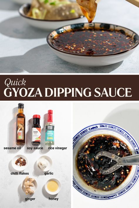 Gyoza sauce in a bowl with a Goyza dumpling being dipped into it. Soy Sauce Dipping Sauce, Gyoza Sauce Recipe, Gyoza Sauce, Shrimp Gyoza, Siew Mai, Homemade Soy Sauce, Chicken Gyoza, Japanese Gyoza, Gyoza Dumplings