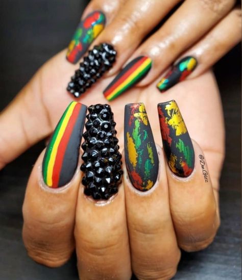 Juneteenth Nail Design, Jamaica Nails, Rasta Nails, Diva Nails, Dope Nail Designs, Nails Only, Unique Acrylic Nails, Pretty Nail Art, One Love