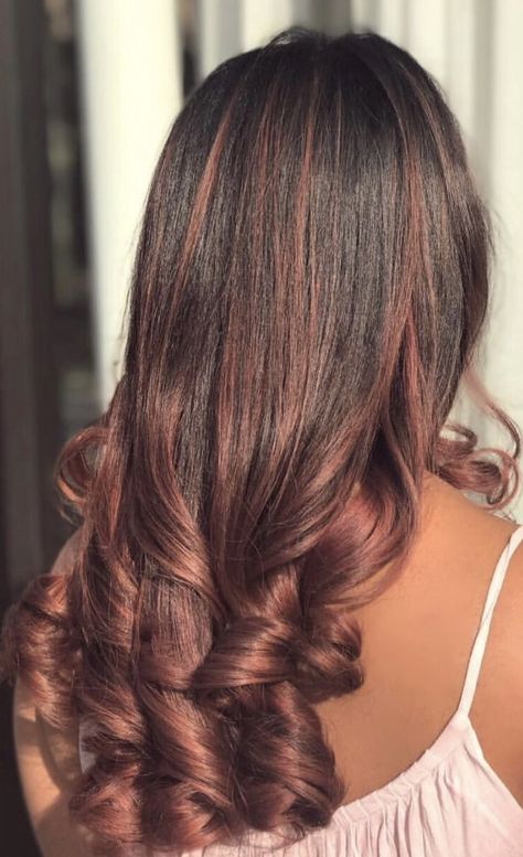 Black Hair With Rose Gold Highlights, Pink Chunky Highlights In Black Hair, Rose Gold Highlights Black Hair, Dark Rose Gold Hair, Rose Brown Hair, Balayage Hair Rose, Dusty Rose Hair, Rose Gold Hair Brunette, Rose Gold Balayage