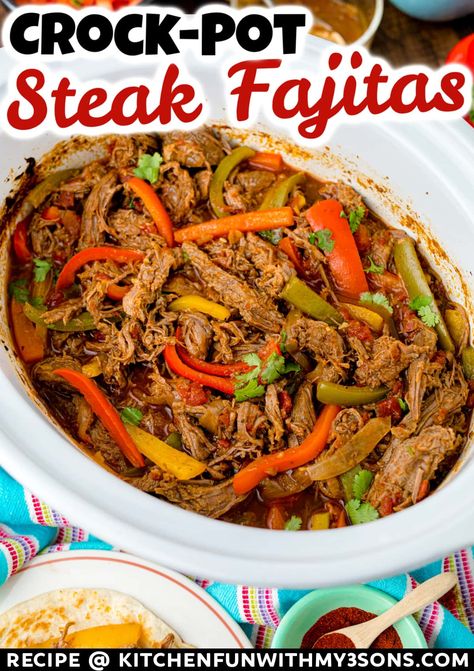 These Crockpot Steak Fajitas are the perfect way to get your Tex-Mex fix! Tender, juicy steak is slow-cooked with peppers and onions in a flavorful fajita sauce, then wrapped up in a warm tortilla. They're easy to make and even easier to eat! Fajitas In The Crockpot, Crockpot Steak Fajitas, Steak Fajitas Crockpot, Slow Cooker Fajitas, Fajita Sauce, Crockpot Fajitas, Crock Pot Inspired Beef Recipes, Steak Fajita Recipe, Slow Cooker Steak