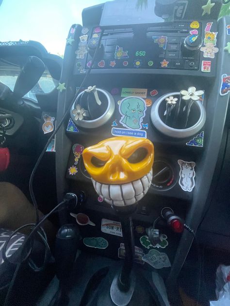 Weird Car Accessories, Trippy Car Interior, Car Decor Grunge, Punk Car Decor, Punk Car Interior, Alt Car Interior, Maximalist Car Decor, Stick Shift Aesthetic, Emo Car Interior