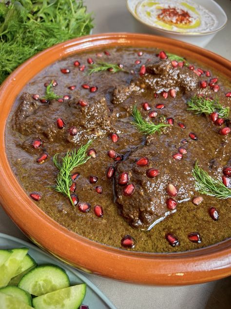 Fesenjan (Persian Chicken, Walnut & Pomegranate Stew) Persian Chicken Stew, Persian Meals, Fesenjan Recipe, Persian Stew, Persian Food Iranian Cuisine, Persian Chicken, Meat Stew, Persian Kitchen, Walnut Chicken