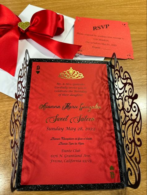 Queen Of Hearts Invitations, Queen Of Hearts Sweet 16 Theme, Queen Of Hearts Sweet 16, Queen Of Hearts Quinceanera Theme, Queen Of Hearts Theme, Xv Ideas, Red Invitation, Sweet 16 Themes, 16 Invitations