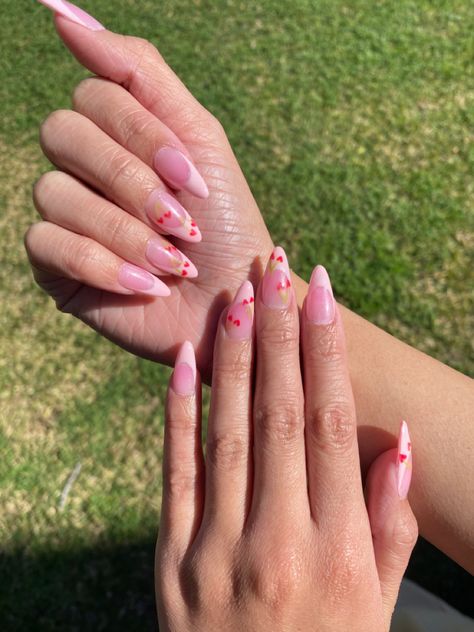 Pink French Tip With Cherries, Pink French Nails With Cherries, Pink French Top With Heart, Heart Cherry Nails, Pink French Tip Cherry Nails, French Almond Cherry Nails, Heart Shaped Cherry Nails, White French Tip Nails Almond With Cherries, French Tip With Heart