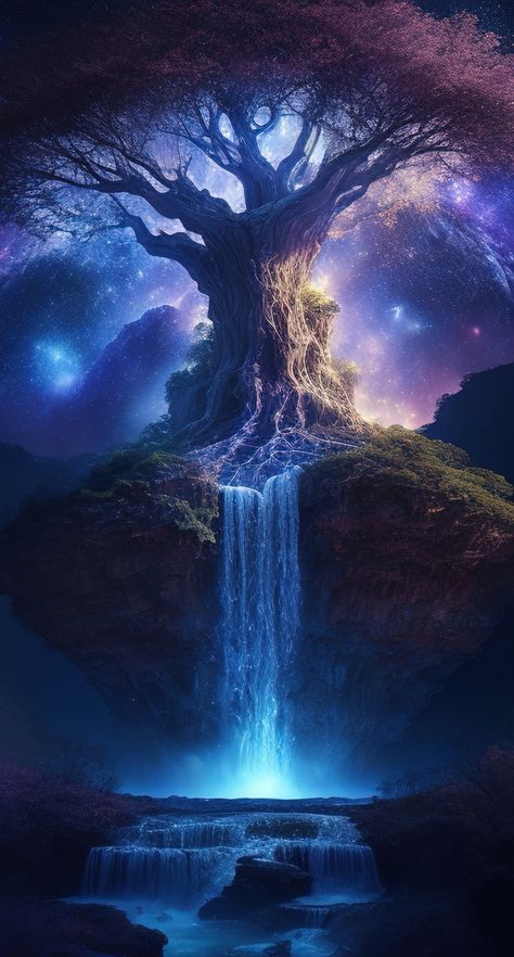 @Milankov Dnd Landscape, Behind A Waterfall, Magical Waterfall, Magical Trees, Tree Of Life Artwork, Magical Tree, Optical Illusions Art, Flyer And Poster Design, Beautiful Art Pictures