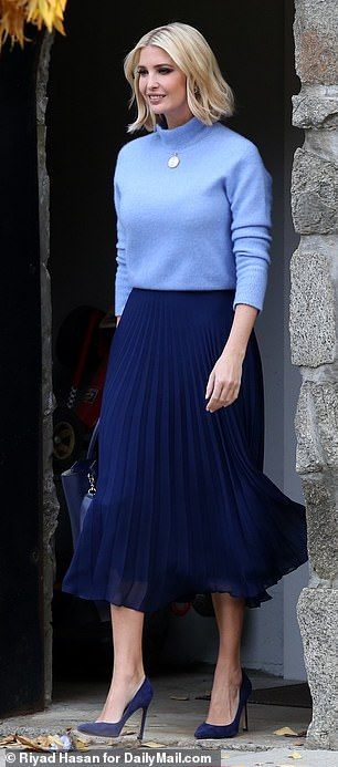 Outfit of the day: The first daughter wore a cornflower blue mock-turtleneck sweater tucked into a navy pleated skirt Blue Pleated Skirt Outfit, Navy Skirt Outfit, Blue Skirt Outfits, Navy Pleated Skirt, Pleated Skirt Outfit, Blue Pleated Skirt, Mock Turtleneck Sweater, Winter Skirt Outfit, Navy Blue Skirt