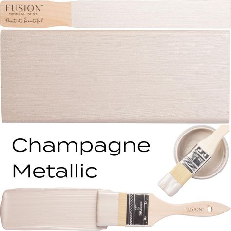 Fusion Mineral Paint's Champagne Metallic exudes old Hollywood glamour. Accented with the slightest pink hue, the result is a sparkling rose gold color. Before painting with your preferred metallic color, paint a coat of a solid paint color that is similar, as Metallics are fairly transparent this will help with coverage. For Champagne Metallic, use Fusion's Champlain as an undercoat. Using pure mica pigments, our Fusion Metallics shimmer unlike any other on the market. Our Metallics work just l Mica Flakes, Fusion Paint, Paint Types, Glam Look, Modern Glam, Fusion Mineral Paint, Interior Paint Colors, Patina Finish, Bedroom Paint