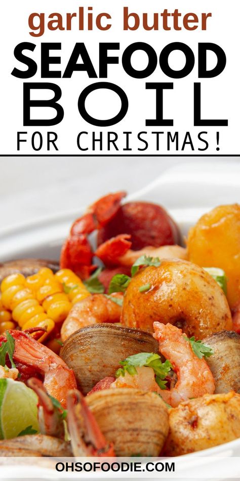 Text reads Garlic Butter Seafood Boil For Christmas Seafood Boil Sauce Garlic Butter Cajun Recipe, Garlic Butter For Seafood Boil, Seafood Boil Oven Recipe, Oven Seafood Boil Recipes, Garlic Butter Sauce For Seafood Boil, Seafood Boil Butter Sauce Recipe, Garlic Seafood Boil, Seafood Boil Aesthetic, How To Make A Seafood Boil At Home