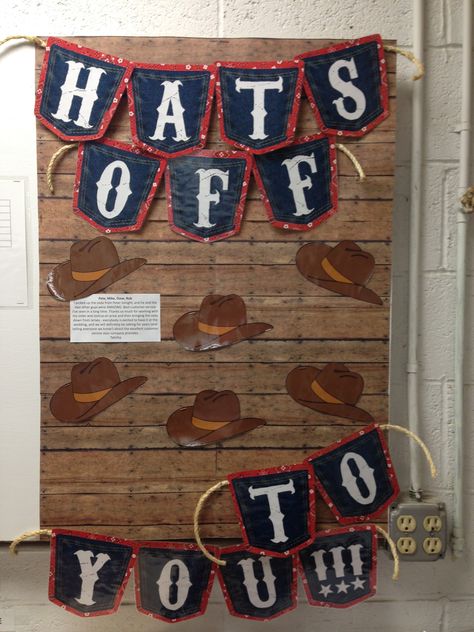 Western Cowboy themed Recognition board. Hats off to you! Post things up when someone does something well. Cowboy Theme Bulletin Board Ideas, Hats Off To You Theme, Hats Off To You, Round Up Party Western Theme, Western Theme For School, Hats Off To You Theme Party Ideas, Western Teacher Classroom, Western Classroom Theme Bulletin Boards, Cowboy Teacher Appreciation