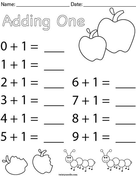 Adding One Math Worksheet - Twisty Noodle Add 1 More Worksheet, Worksheets For 5 Yrs Old, Adding 1 Worksheet, Adding Worksheets For Preschool, Beginner Math Worksheets, Subtraction Preschool, Pre K Math Worksheets, Preschool Homework, Adding Worksheets