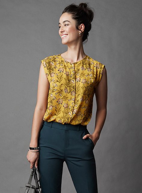 Floral Blouse Outfit Work, Yellow Blouse Outfit Work, Yellow Top Outfit Work, Spring Yellow Blouse For Workwear, Feminine Floral Print Workwear Blouse, Chic Yellow Blouse For Office, Yellow Blouse For Spring Workwear, Fitted Yellow Printed Blouse, Print Blouse Outfit