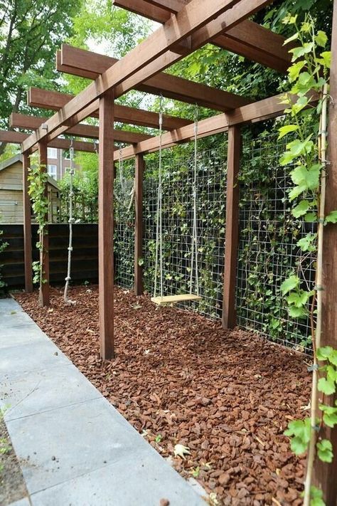 My Favorite Ideas + Inspirations for Kid's Outdoor Summer Play Areas — Gathered Living Fence Pergola, Pergola Modern, Pergola Diy, Backyard Privacy, Garden Vines, Backyard Pergola, Landscape Designs, Backyard Playground, Backyard Play