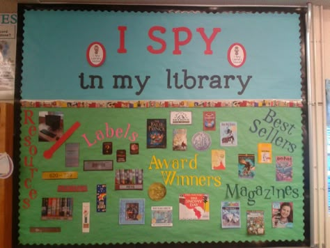 We have a yearlong theme in our library that we will touch on throughout the year. This year our theme is  I SPY in my library . ... School Library Bulletin Boards, Library Bulletin Board Ideas, Media Center Ideas, School Library Decor, Library Decorations, Library Signage, Passive Programs, Library Games, School Library Displays