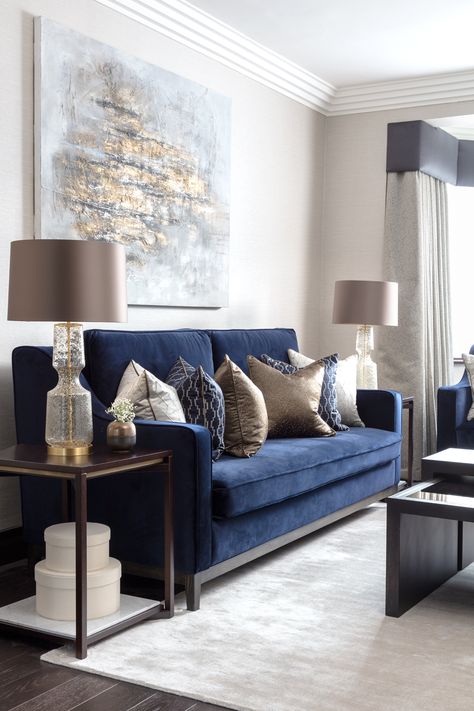 Navy Sofa Living Room, Blue Velvet Sofa Living Room, Blue Sofas Living Room, Velvet Sofa Living Room, Blue Couch Living Room, Small Deck Decorating, Navy Living Rooms, Blue Living Room Decor, Gold Living Room