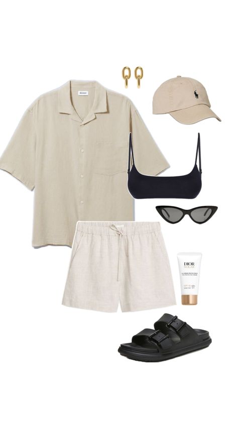 Summer outfit idea, Summer linen shirt and shorts, black sandals, beige ralph lauren cap, fashion inspiration, fit inspo Linen Black Shorts Outfit, Striped Linen Shorts Outfit, Summer Outfits 2024 Hot Weather, Beige Linen Shorts Outfit, Summer 2025 Outfits, Australian Summer Outfits, Beige Shirt Outfit, Beige Shorts Outfit, Linen Shirt And Shorts