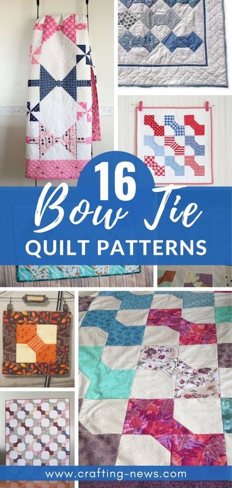 A traditional bow tie quilt pattern is usually very easy to make. It has a simple design that gets most of its interest from the fabric patterns used. It is a pattern that has been around for a long time, and it is still incredibly popular today. Bow tie quilts are fun to make. This makes them the ideal choice for both beginners and advanced quilters. You can easily change the whole look of the quilt just by using different fabric colours and rotating blocks. Boxes And Bows Free Quilt Pattern, Bow Tie Quilt Pattern Free, Bow Tie Quilts, Tie Quilt Pattern Ideas, Bow Tie Quilt Pattern, Bow Tie Quilt, Knit Designers, Tshirt Quilt Pattern, Tie Quilts