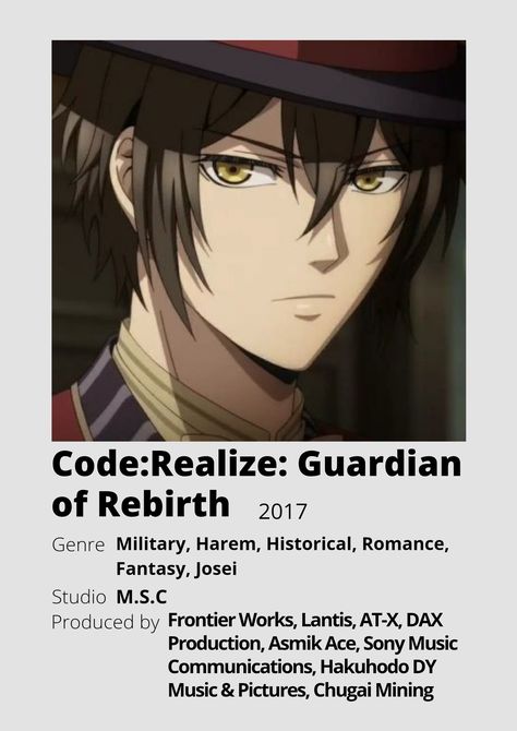 Code Realize, Poster Information, Anime Minimalist Poster, Anime Suggestions, Anime List, Animes To Watch, Kyoto Animation, Good Anime To Watch, Anime Watch