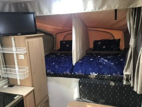 DIY Bed Divider for Jayco Swan Camper Trailer - A Big Peachey Adventure Pop Up Camper Bunk Beds, Jayco Swan Makeover, Jayco Swan Storage Ideas, Camper Trailer Hacks Australia, Jayco Swan Hacks, Popup Remodel, Trailer Modifications, Jayco Camper Trailer, Jayco Campers