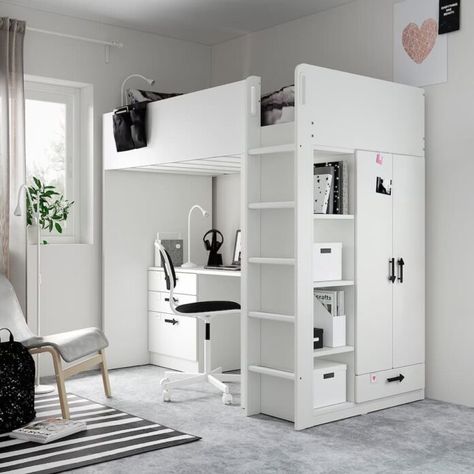 Ikea Loft, Ikea Loft Bed, Loft Beds For Small Rooms, Grey And White Bedding, White Loft Bed, Design Ložnic, Beds For Small Rooms, Bunk Bed With Desk, Loft Bed Frame