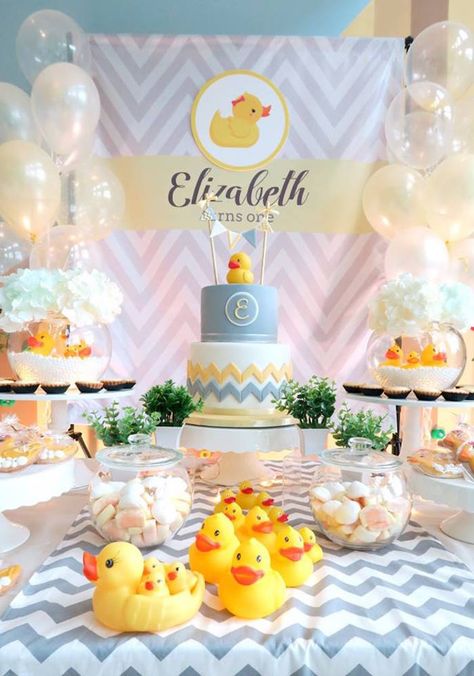 Cake + dessert table from a Rubber Duck Birthday Party on Kara's Party Ideas | KarasPartyIdeas.com (8) Rubber Ducky Table Decorations, Ducks Birthday Party Theme, Duckie Birthday Party, First Birthday Duck Theme, Duck Decorations Party, Duck Birthday Theme Decoration, Duck Party Ideas, Duck Birthday Party Ideas, Rubber Ducky Birthday Party