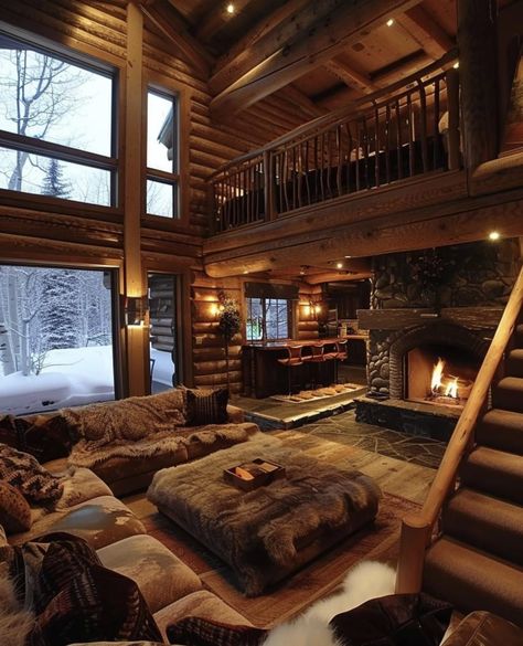 Log Houses Interior, Log Cabin Homes Bathroom, 3 Story Cabin, Summer Cabin Interior, Chalet Living Room Ideas, Wood Home Aesthetic, Dream Kitchen Design Luxury, Interior Lake House, Cabin Luxury