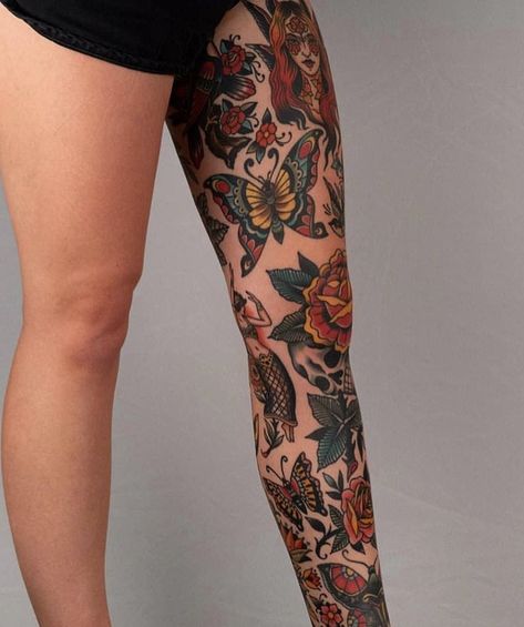 Traditional Tattoo Leg Sleeve, Traditional Thigh Tattoo, American Traditional Sleeve, Traditional Tattoo Woman, Tattoos 2024, Tattoo Artist Tattoo, Traditional Tattoo Inspiration, Panda Tattoo, Tattoo Concepts