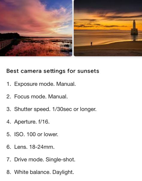 Camera Setting For Overcast, Videography Camera Settings, Beach Sunset Camera Settings, Camera Settings For Landscape Photography, Settings For Sunset Photography, Golden Hour Setting Camera, Sunset Exposure Settings, Best Camera Settings For Golden Hour, Sunset Settings Photography