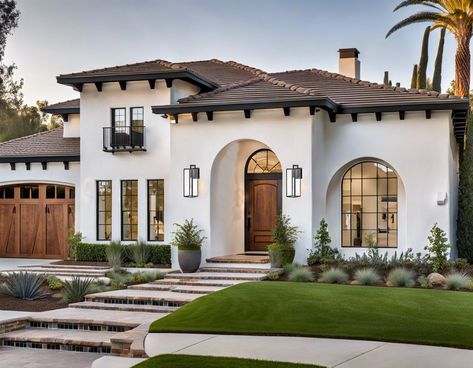 California Mediterranean Homes, Modern Spanish Farmhouse, Spanish House Exterior, Spanish Style Exterior, Pantry Door Ideas, Spanish Exterior, Country Villa, Mediterranean Homes Exterior, Mediterranean Exterior