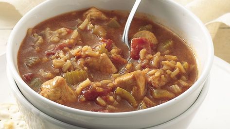 Chicken Creole Soup Recipe - BettyCrocker.com Creole Soup, Chicken Creole, Hearty Chicken Soup, Creole Chicken, Gumbo Soup, Chicken Recipes Easy Quick, Cajun Sausage, Chicken Gumbo, Spiced Rice