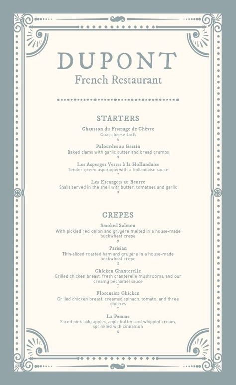 French Bistro Menu Design, French Restaurant Menu Fine Dining, 1920s Menu Design, European Menu Design, Menu Simple Design, French Cafe Menu Design, Bistro Menu Ideas, Fine Dining Menu Design, French Menu Design