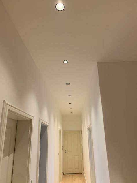 Hallway Spotlights, Landing Strip Lights, Hallway Sensor Lights, Led Lights Hallway, Long Corridor Lighting, Hallway Ceiling, Hall Stairs, Apartment Hall, Corridor Lighting