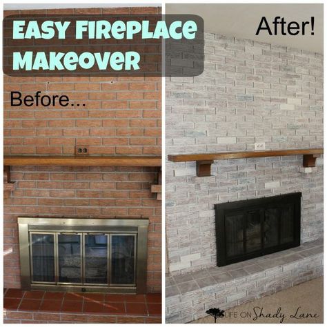 Whitewashed Fireplace Makeover, Easy DIY Whitewashed Fireplace, Wash Brick Fireplace, Diy Fireplaces, White Wash Fireplace, White Wash Brick Fireplace, Fireplace Makeovers, Diy Fireplace Makeover, Fireplace Redo, Fireplace Update