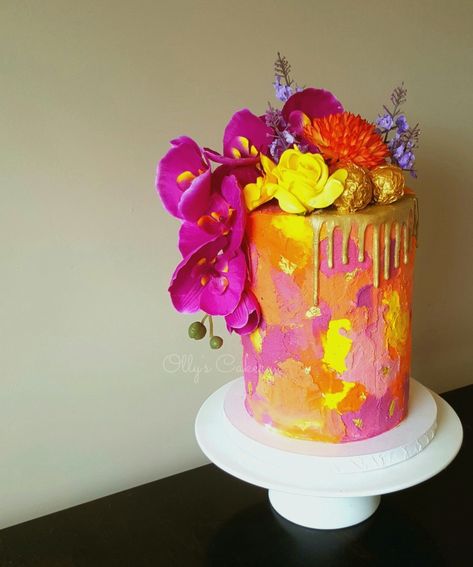 Orange pink and yellow textured watercolor cake by Amber Hohepa of Ollys Cakery Pink Purple Yellow Birthday Cake, Orange Cake Color, Purple And Orange Cake Ideas, Orange And Pink Cake Design, Pink And Yellow Cakes, Orange Colored Cake, Hot Pink And Orange Cake, Purple And Orange Cake, Pink And Orange Birthday Cake