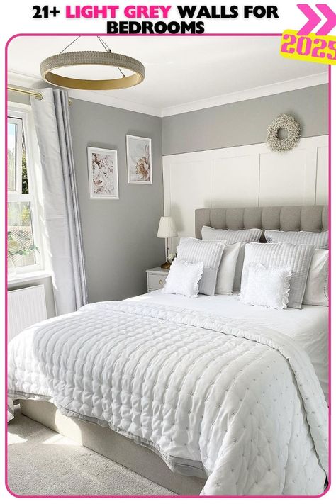 Soft grey bedroom with white bedding, creating a peaceful, refreshing space. Neutral tones enhance serenity and keep it inviting. Grey Wall Ideas, Light Gray Headboard Bedroom, Soft Grey Bedroom, Girls Bedroom Grey, Light Pink Bedrooms, Girls Bedroom Lighting, Retreat Design, Light Gray Bedroom, Grey And White Bedding