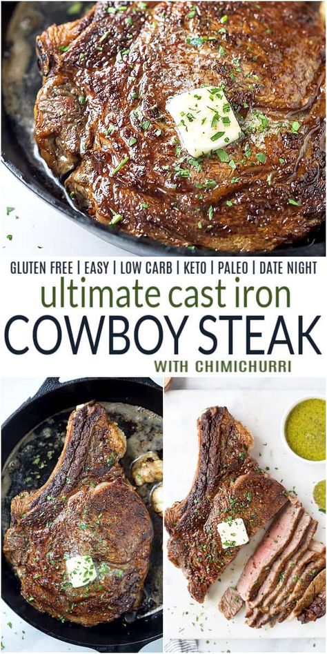 How to cook the Ultimate Cowboy Steak, also known as a bone-in Ribeye. This rich flavorful piece of steak doesn't need much, just salt & pepper and a foolproof cooking method. You're minutes away from perfect date night dinner. #glutenfreerecipes #ketorecipes #steakdinner #steakrecipes #datenight #joyfulhealthyeats #valentinesdayrecipes #beefdinner Cowboy Ribeye Steak Recipe, Steak Ribeye, Cowboy Steak, Ribeye Steak Recipes, Filet Mignon Recipes, Date Night Dinner, Perfect Date Night, Dinner Recipes Easy Quick, Healthy Dinner Recipes Chicken