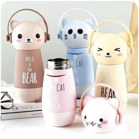 Thermal Flask, Desain Pantry, Insta Bio, Cute Water Bottles, Cat Drinking, Kids Water Bottle, Botol Air, Thermos Bottle, Cute Cups