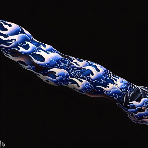 flames in a japanese art style navy blue over black background full length arm tattoo - Image Creator Flame Arm Tattoo, Japanese Flames Tattoo, Navy Blue Tattoo, Blue Flame Tattoo, Black And Blue Tattoo, Fire Tattoos, Japanese Wave Tattoos, Japanese Art Style, Ice Face