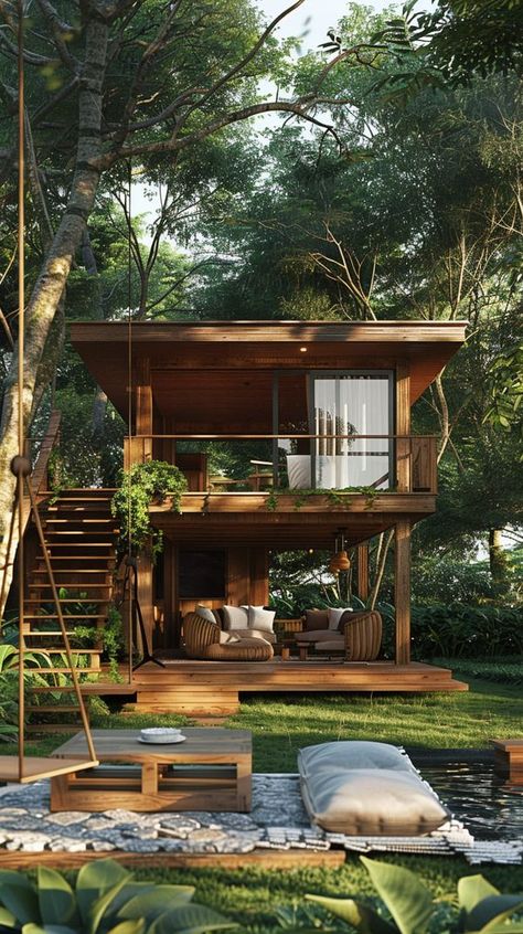 Tiny House Comfort Cute Tiny Home Exterior, Tiny Industrial House, Tiny House Tropical, Small Farm Cottage, Tiny House With Balcony, Jungle House Aesthetic, Tropical Tiny House, Small Home Exterior, Tiny Villa