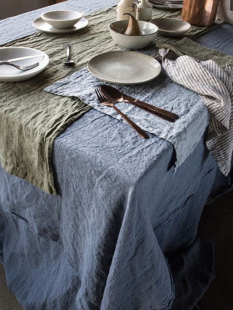 Shop Our Style | Pure European Collection | Hale Mercantile Co. - Hale Mercantile Co. Linen Bed Sheets, Linen Collection, Elegant Table Settings, Mattress Dimensions, Manta Crochet, Blue Table, European Linens, Table Linen, Sea Blue