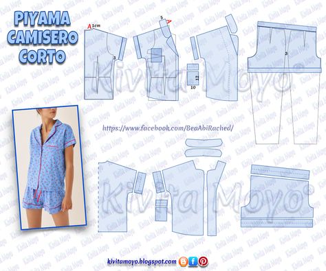 KiVita MoYo : PIYAMA CAMISERO CORTO Pijama Pattern, Pajamas Pattern, Sewing Patterns Free Women, Sewing Collars, Pajama Day, Pajama Pattern, Sewing Pants, Blouse Pattern Sewing, Diy Sewing Clothes